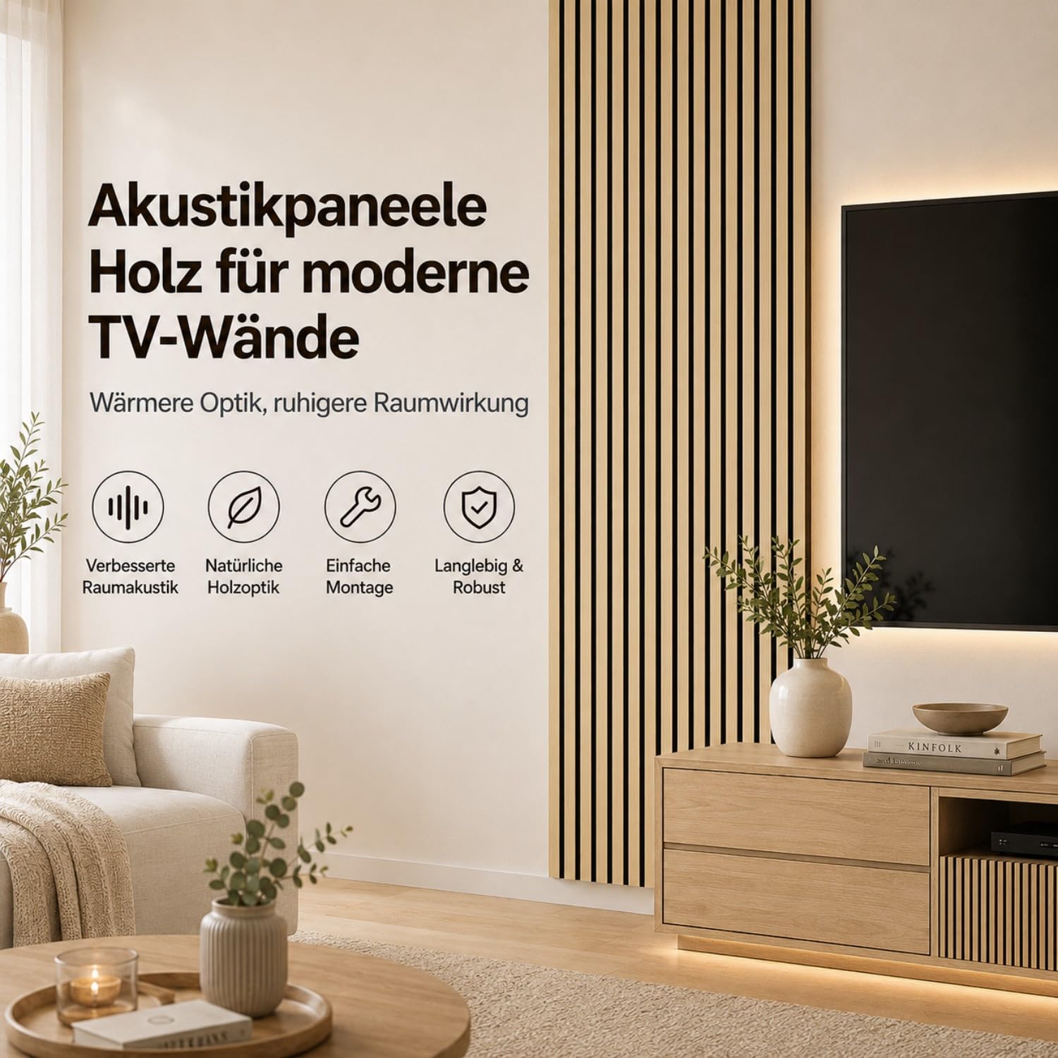 Panneaux acoustiques en bois - 240 x 60 cm - Format mural - 2 x 120 x 60 cm - Bois brut - Panneaux muraux aspect bois avec feutre noir - Lamelles MDF pour mur TV et salon