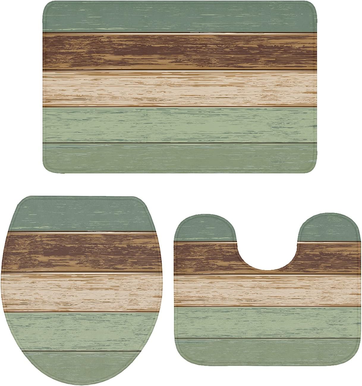 Amazon.com: Houseown Farmhouse Bathroom Rugs Mat Sets 3 Piece, Vintage Sage Green Brown Wood ...