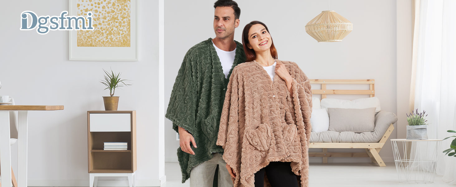Wearable Blanket Poncho Cape Wrap for Adult, Cozy Sherpa Fleece Pocketed Shawl TV Throw Blankets for Office and Lounge(Caramel,58'' x 64'')