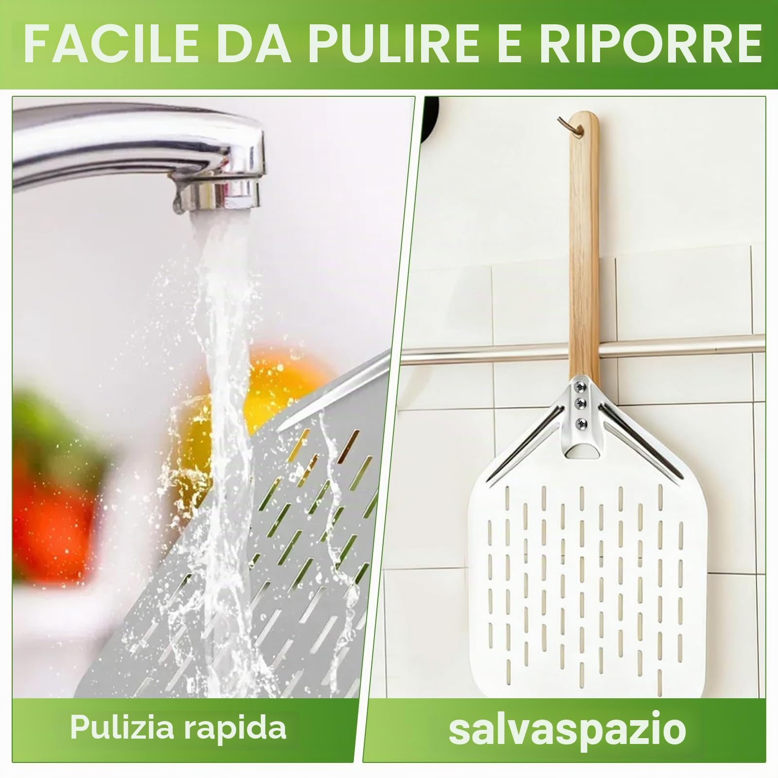 Pala per Pizza 12 Pollici, Pala per Pizza Forata in Alluminio con Manico in Legno Rimovibile, per Barbecue a Gas, Barbecue e Forno, per Riporre Facilmente La Pizza Grande (40 x 30 cm)