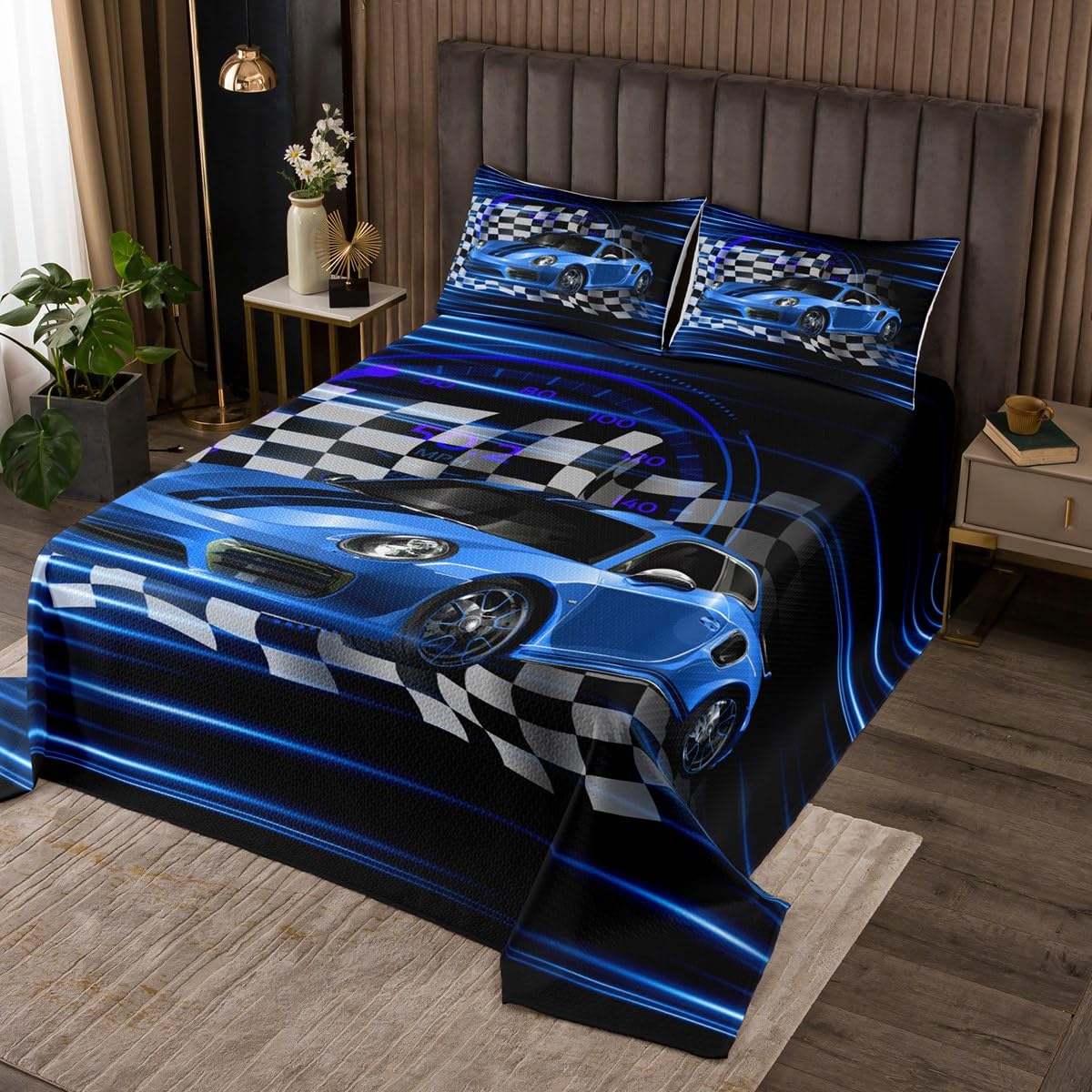 Homemissing Colcha acolchada de coche de carreras para niños y niñas, juego de colcha acolchada de coche deportivo de velocidad, tamaño individual, decoración de dormitorio, color naranja y azul, 2