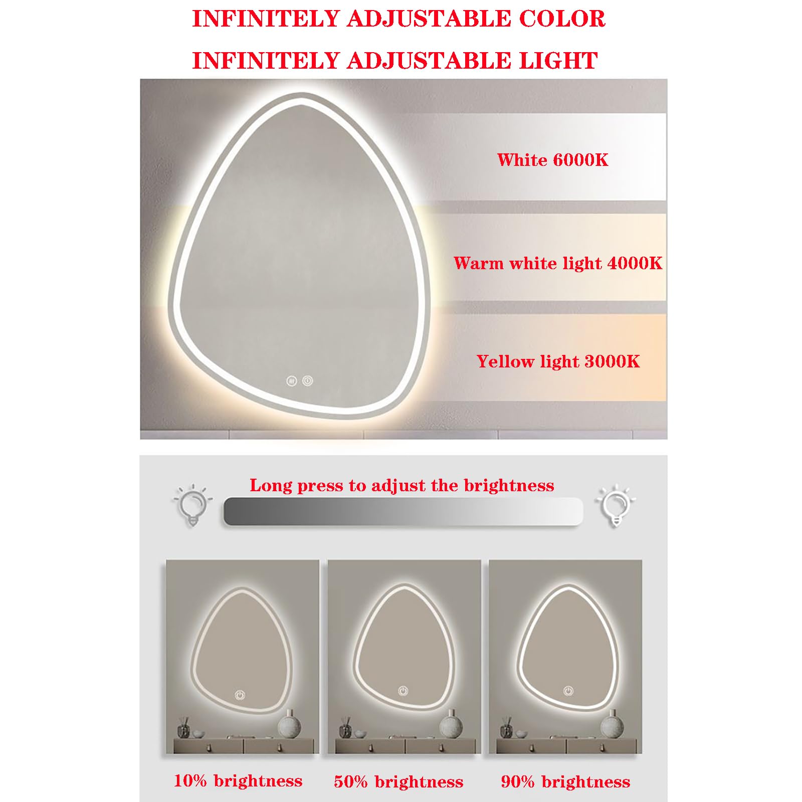 Tropfenförmiger Wandspiegel mit 3-farbiger Beleuchtung, LED-Schminkspiegel, 50x70cm/60x80cm/70x90cm, Smart-Touch-Badezimmerspiegel, moderner asymmetrischer Dekospiegel (Größe: 60x80cm/23,6x3