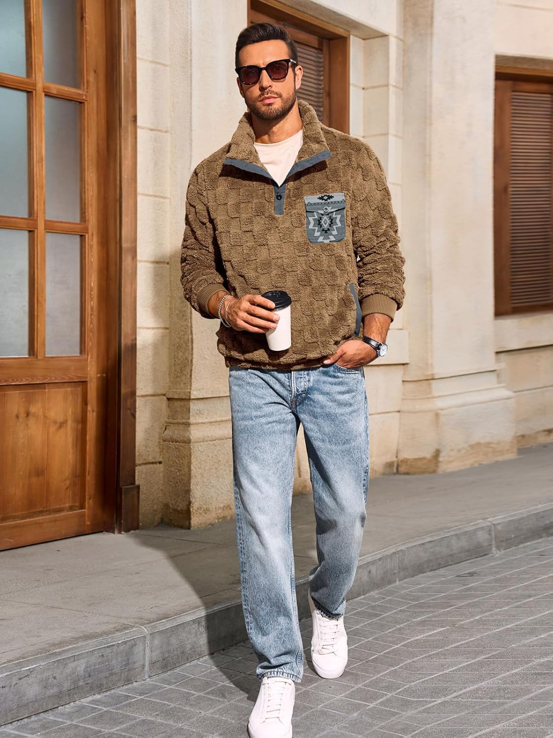 Yousify Mens Fuzzy Sherpa Sweatshirt Flannel Fleece Pullover Jacket Casual Quarter Button Aztec Coat Western Sweaters - Image 5