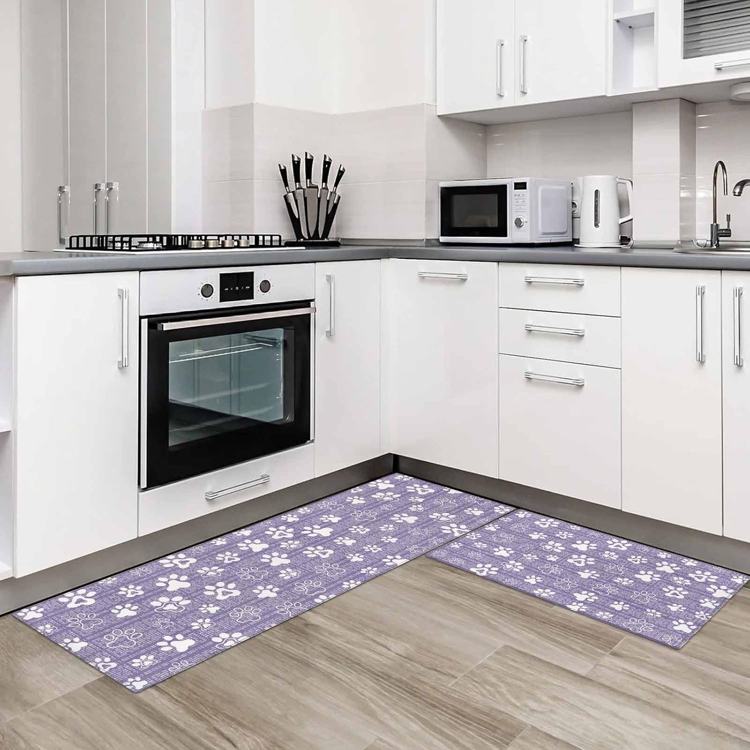 Kitchen Mats for Floor Purple White Dog Paw Abstract Washable Non Slip Kitchen Rugs 2PCS, Cartoon Prints Seamless Absorbent Standing Mats for Sink Bathroom Office Living Room 15.7x23.6in+15.7x47.2in