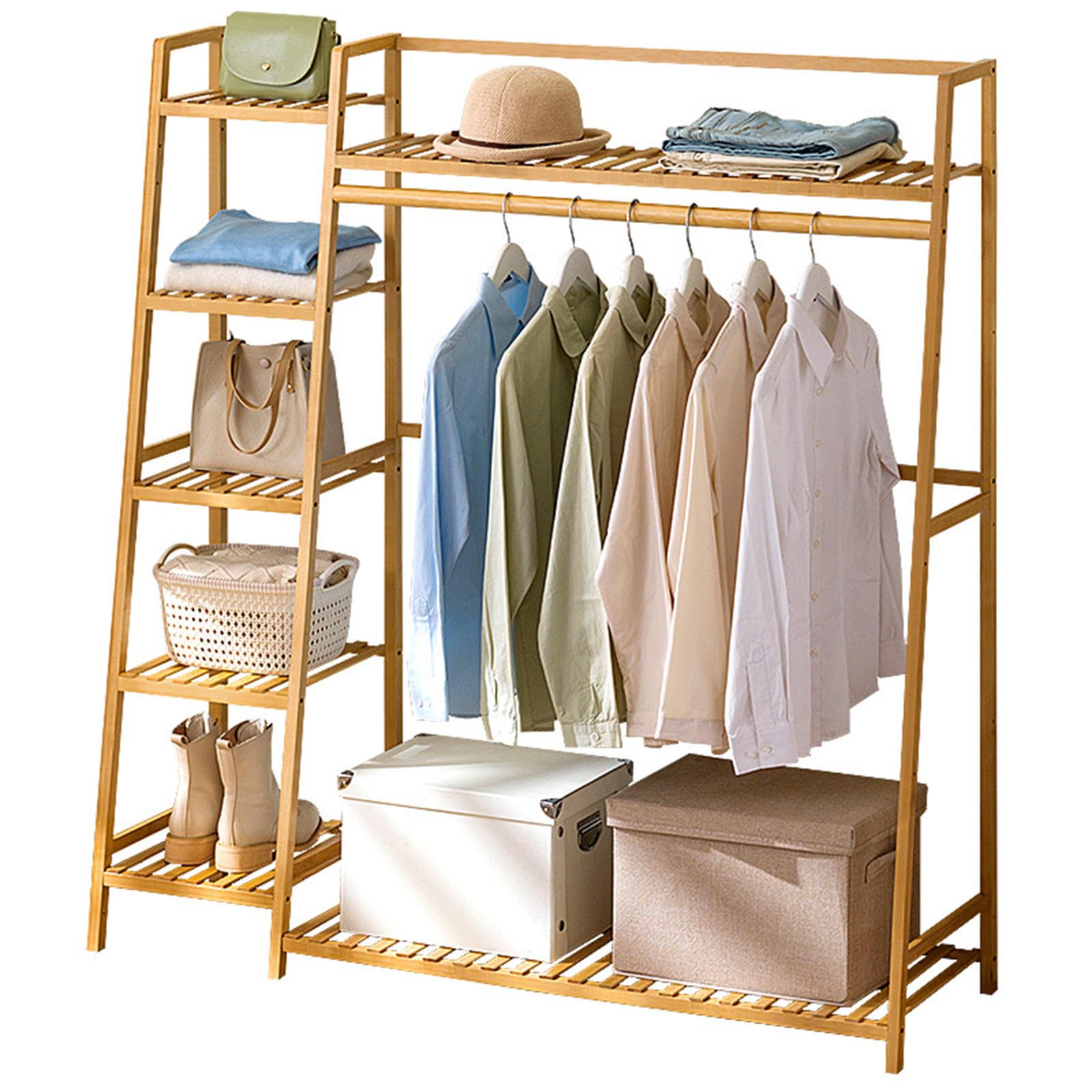 5-poziomowy bambusowy wieszak na ubrania z miejscem na buty, wolnostojący organizer do szafy z wiszącymi drążkami, idealny do sypialni i szatni, B-130 cm, trwały i stylowy
