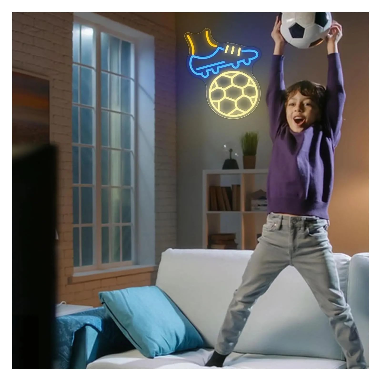 Arte Neón Moderno Letrero de neón deportivo fútbol, ​​luz LED con temática deportiva alimentada por USB para sala juegos, Bar, decoración dormitorio 32x26.5cm