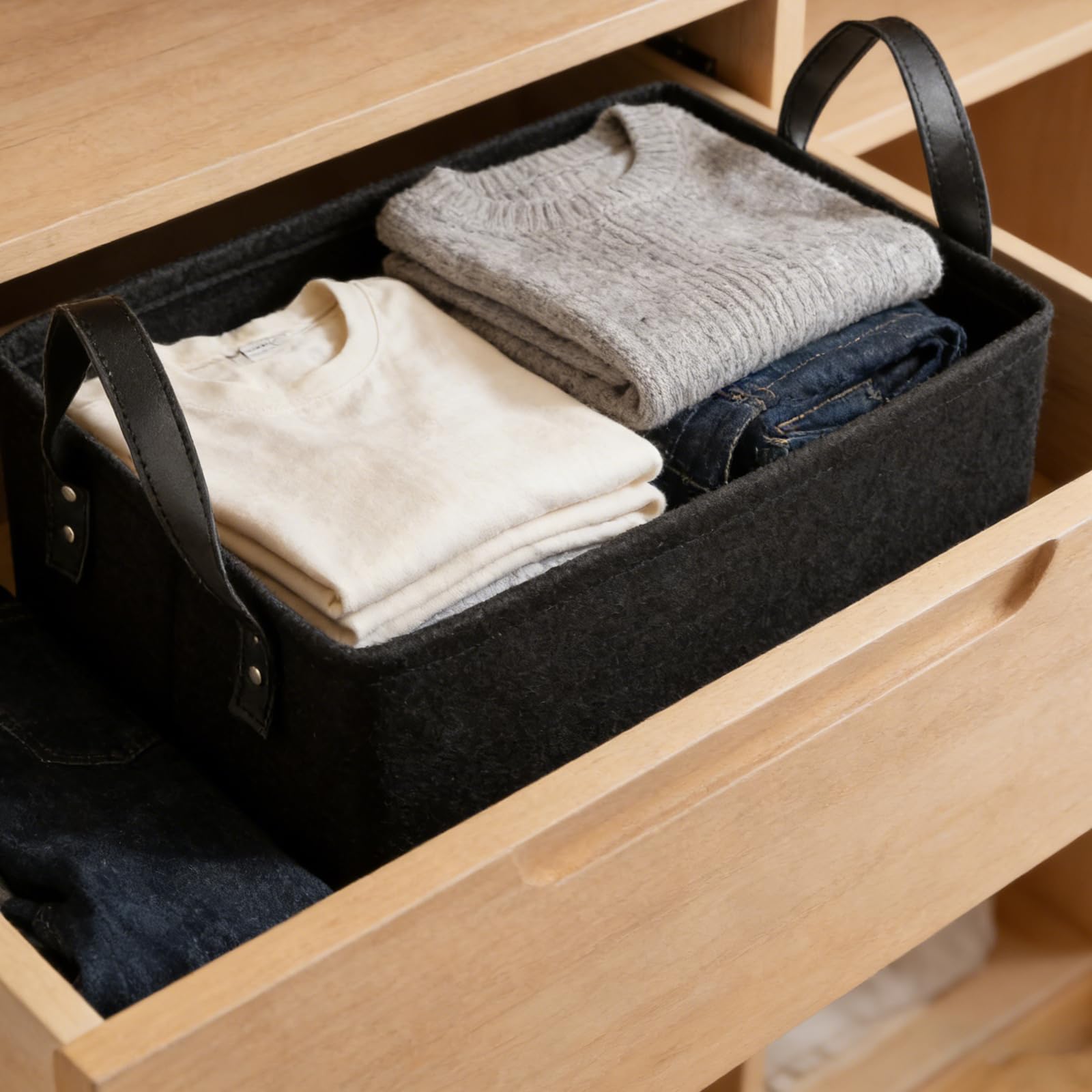 Lot de 3 paniers de rangement pliables en feutre avec deux poignées, panier de rangement pour vêtements, magazines, journaux - Noir