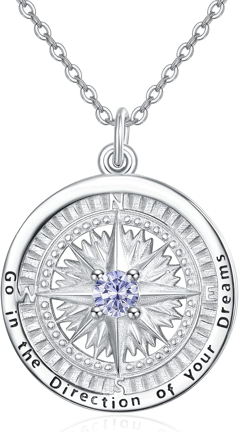 KINGWHYTE Graduation Gifts Birthstone Necklace for Women 925 Sterling Silver Compass Pendant Go in the Direction of your Dream Travel Jewelry Birthday Gift for Her