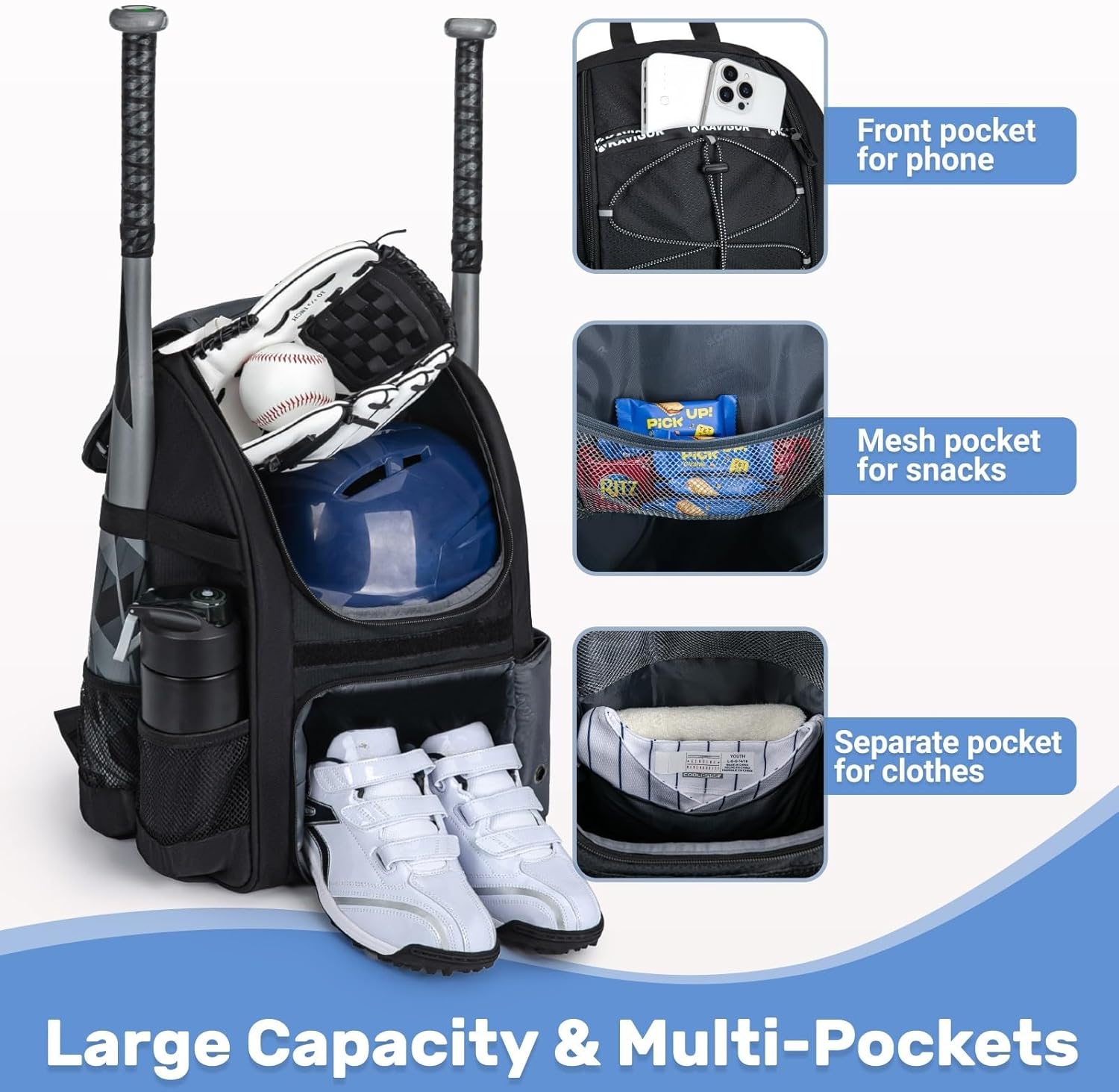 Youth Baseball Bag, Softball Bag for Girls & Boys, Kids Tball Backpack with Shoes Compartment - Image 3