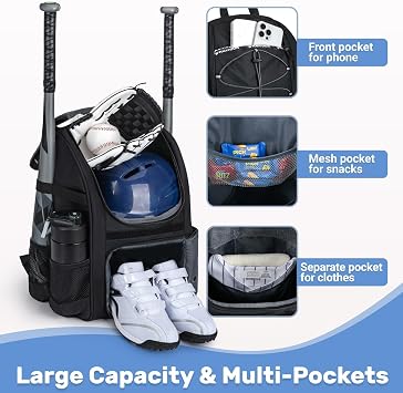 KAVIGOR Youth Baseball Bag, Softball Bag for Girls & Boys, Kids Tball Backpack with Shoes Compartment