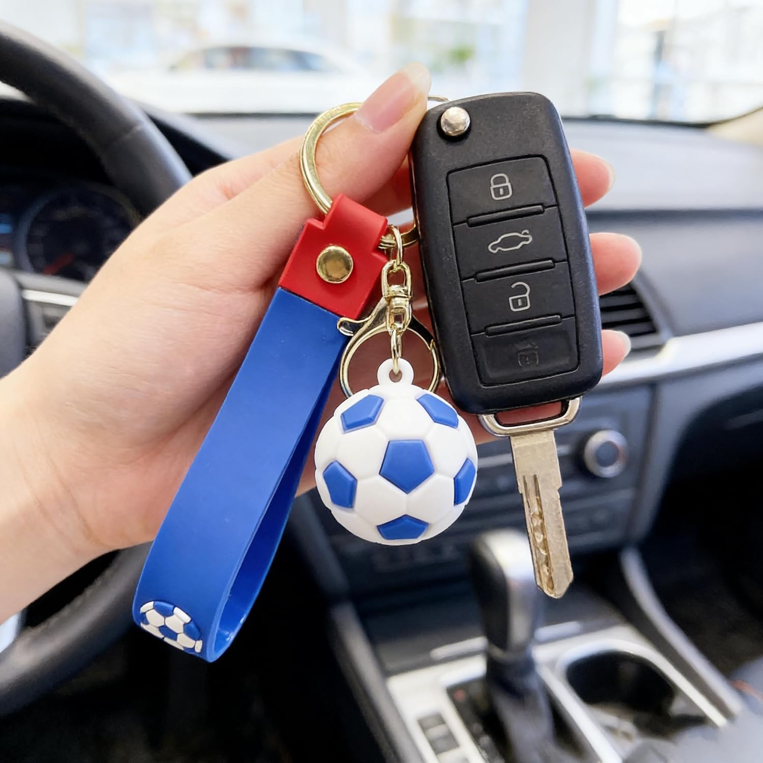 Soccer Ball Keychain with Stylish Strap 3D Silicone Football Bag Charms Keychain Perfect for Sports Fans Gifts (Blue)