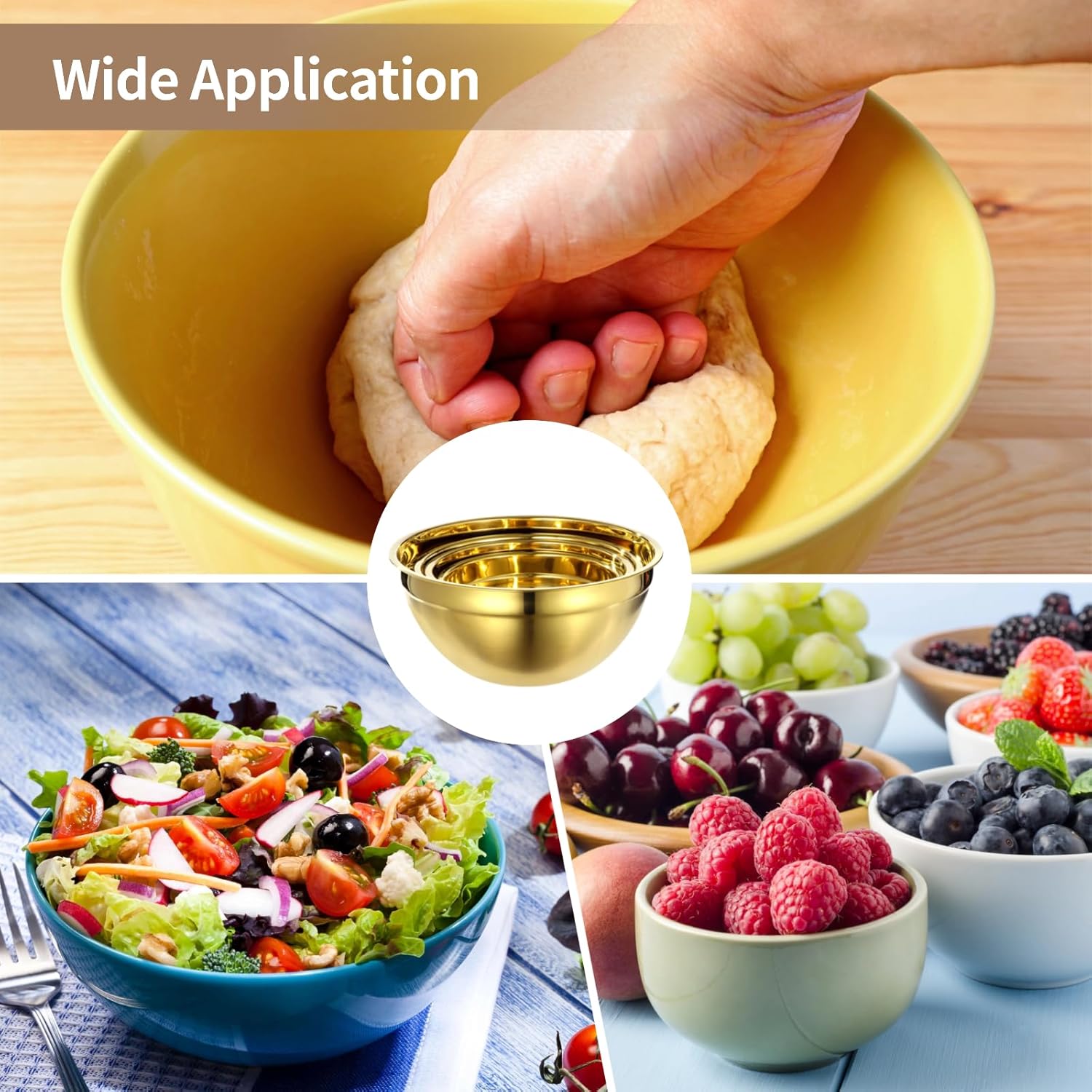 5 PCS Golden Mixing Bowls, Stainless Steel Salad Bowls with Airtight Lids, Mirror Finish Nested Mixing Bowl Set with Mesh Strainer, 4 Bowl Sizes for Baking, Meal Prep, Food Serving