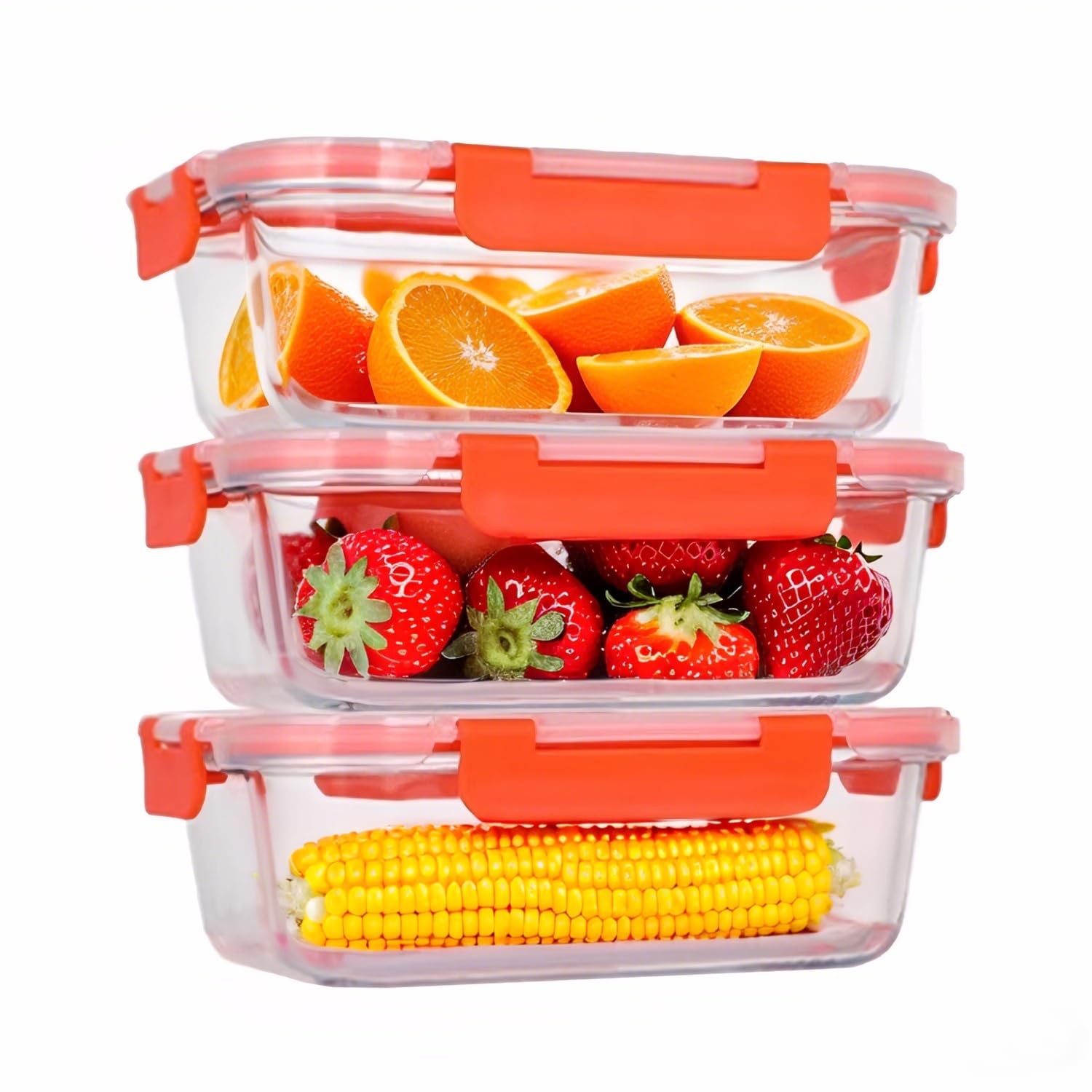 LOFERMA 6-Piece (3-Pack) 1040ml Borosilicate Glass Lunch Box Set with Locking Lids – Microwave/Oven/Dishwasher Safe, Leakproof Meal Prep Containers for Kitchen & Storage (Red)