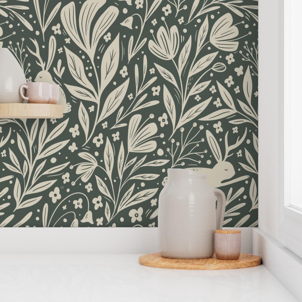 Spoonflower Peel & Stick Wallpaper 9ft x 2ft - Antlered Rabbits Flowers Green Medium Scale Leaves Floral Woodland Whimsical Folk Custom Removable Wallpaper