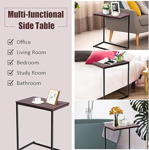 Miniatura 6 de Leviteer Mesa auxiliar para sofá cama, mesa auxiliar compacta en forma de C con acabado de madera y marco de metal, mesa de bandeja de TV portátil