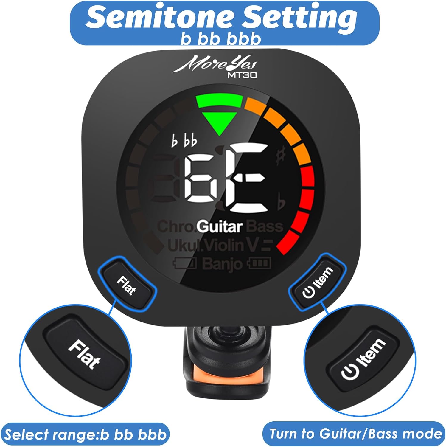 MOREYES Rechargeable Guitar Tuner Clip on Chromatic, Guitar, Bass, Violin, Ukulele Include Guitar Capo and Guitar Picks and Holder