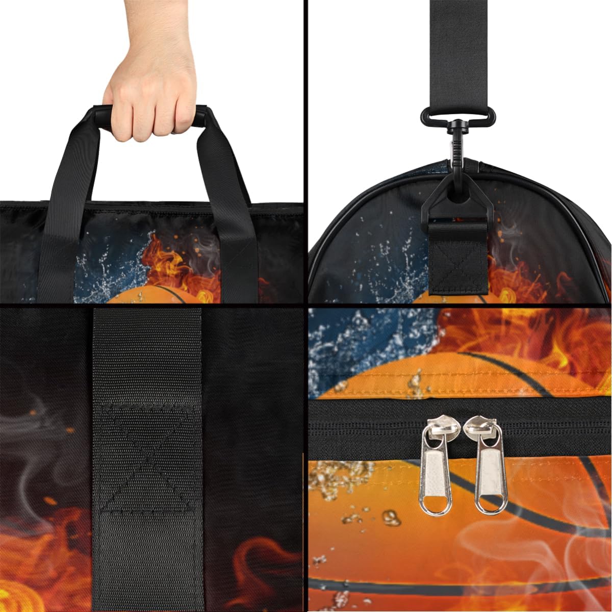Personalized Gym Bag for Boys Men, Custom Sports Travel Duffle Bag with Shoes Compartment, Customized Girls Dance Bag Weekender Overnight Bag for Women Kids, Basketball Ball In Fire And Water
