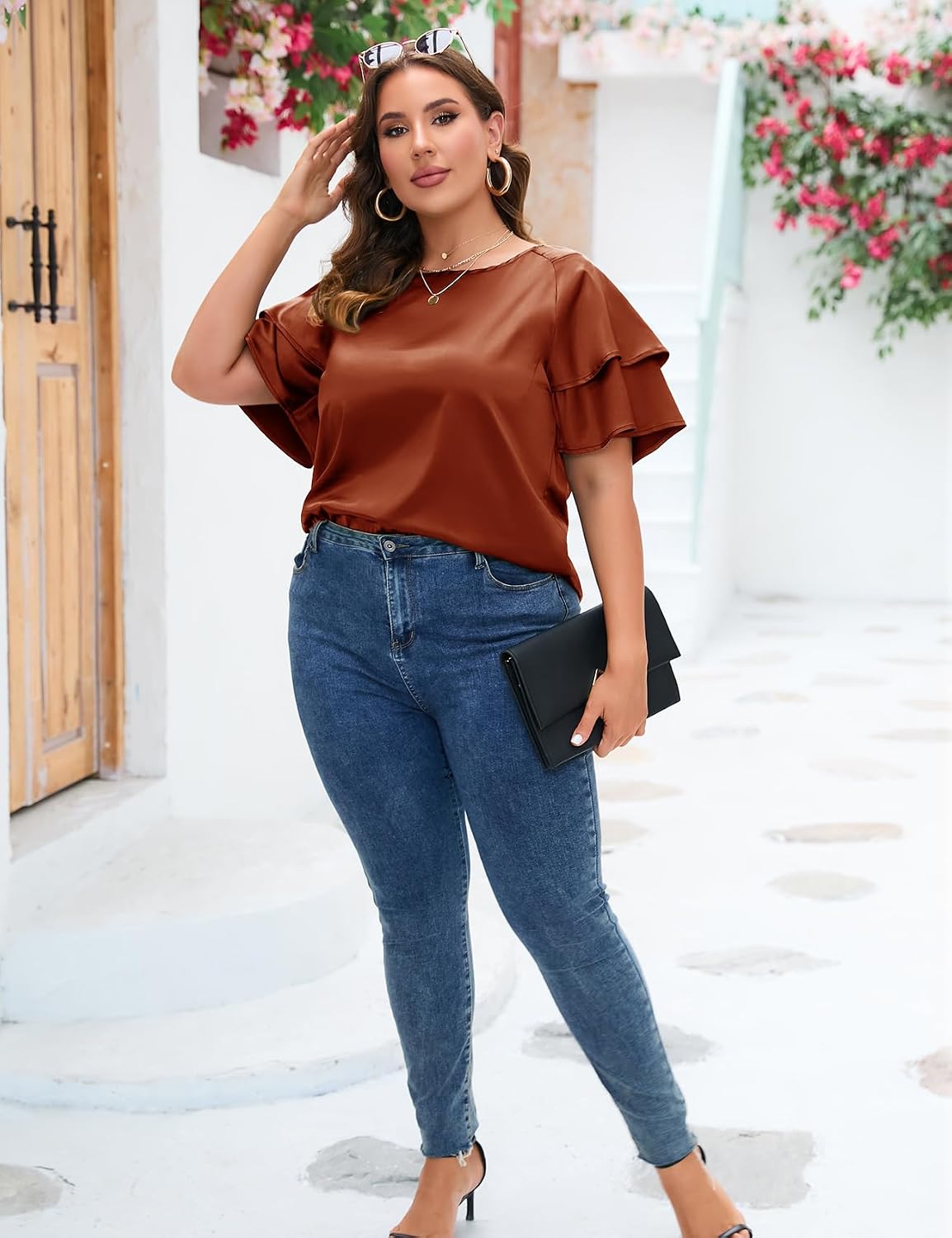 ZOMVA Women's 2024 Plus Size Satin Blouse Short Ruffle Sleeves Silk Top Dressy Shirt Office Elegant