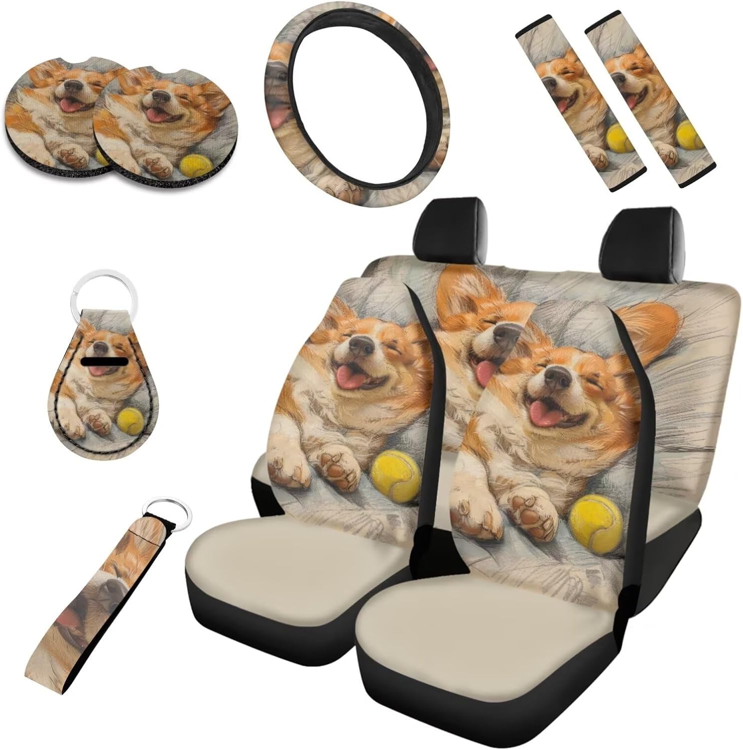 Forest Flower Hand Drawing 10 Set Car Seat Covers for Women Tree Watercolor Painting Full Set Front Back Seats Covers,Seat Belt Pads, Coaster,Keychains