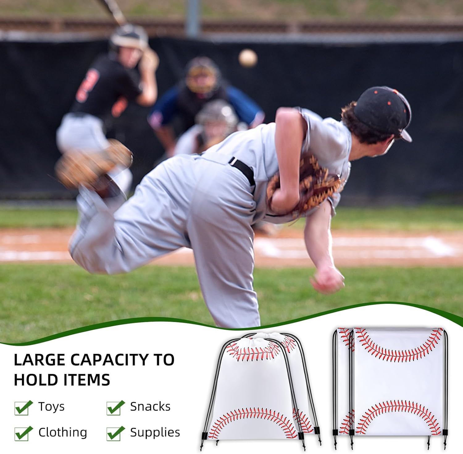 15 Pcs Baseball Drawstring Bags, 13.3"x15.7" Sports Backpacks for Team Gifts, Party Favors & Gym Use, Baseball Theme Party Supplies - Image 6