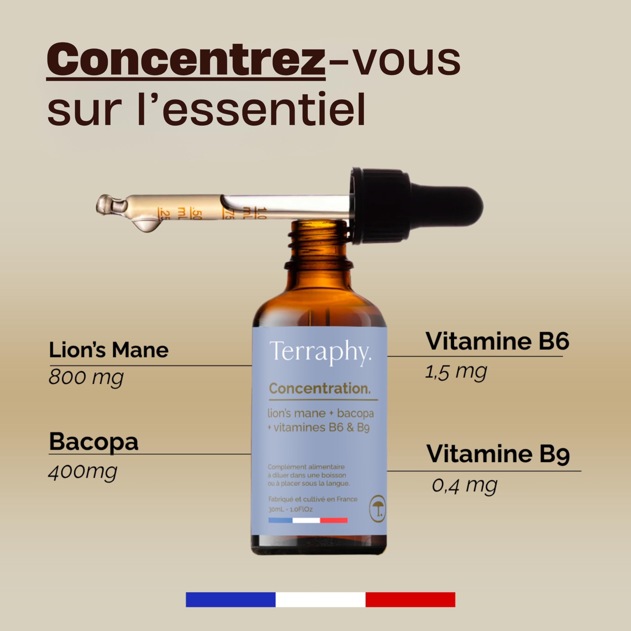 Cure Concentration 30 jours Champignons Adaptogènes - Lion’s Mane, Bacopa & Vitamines B6 B9 - Développe Focus, Mémoire et Clarté Mentale - Formule Liquide Bio Ultra Efficace