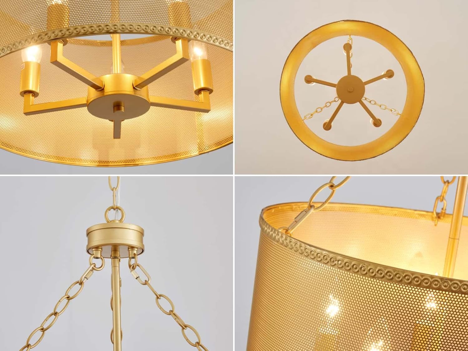 Mid-Century Gold Mesh and Chain Metal Drum Chandelier, 5-Light with E12 Socket, D17.8*H26.2~74 inch (Adjustable Height) | Fit for Dining Room, Living Room, Bedroom, Hallway, Kitchen, Foyer