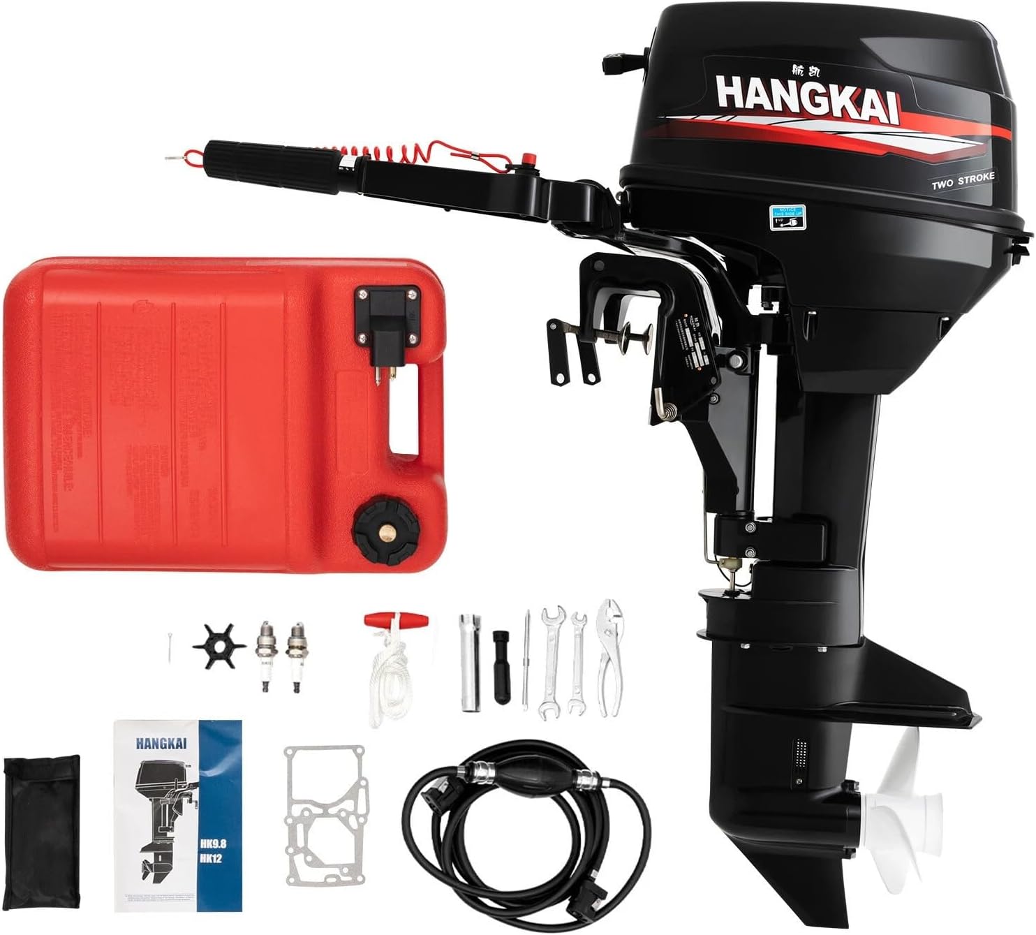 2-Stroke 12HP 169CC Outboard Motor, Water-Cooled Short Shaft Marine Boat Engine, CDI Ignition Tiller Control, 24L 6.34Gal External Fuel Tank for Inflatable, Fiberglass & Wooden Boats