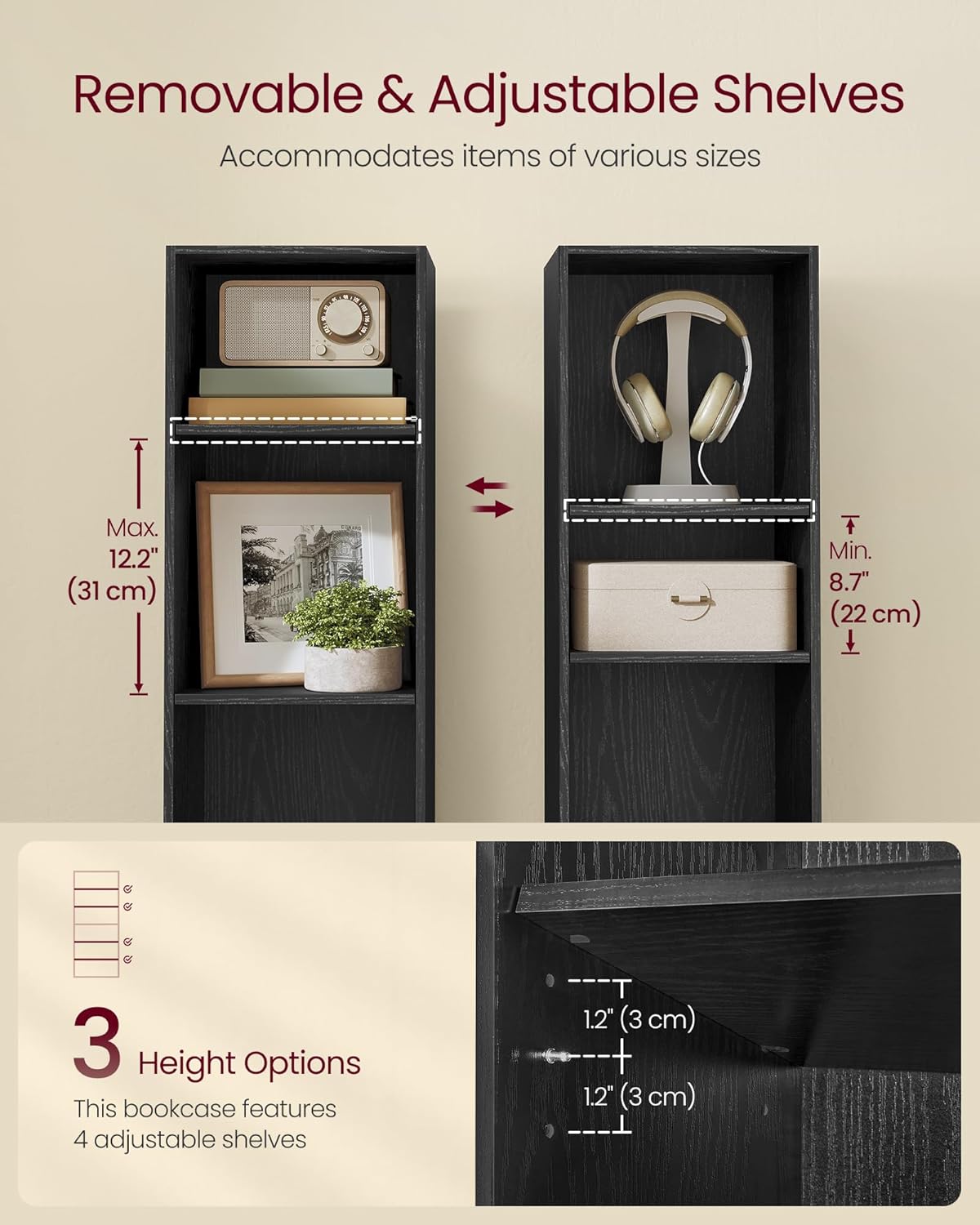 VASAGLE Custos Collection - Bookshelf, 6-Tier Bookcase, Book Shelf, Open Storage Shelf, 9.4 x 11.9 x 63.3 Inches, for Living Room, Home Office, Dinning Room, Ebony Black ULBC411B01
