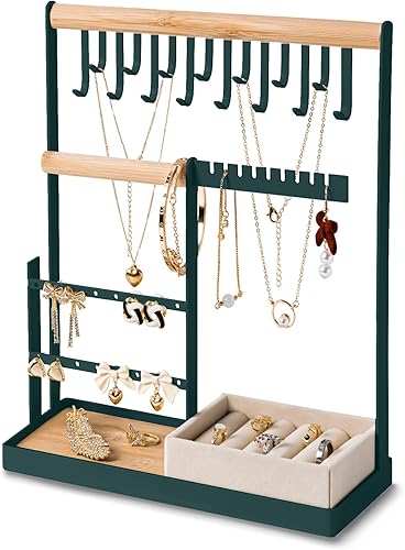 Soporte organizador de joyas con soporte de terciopelo para anillos, organizador de joyas de 4 niveles con 15 ganchos, organizador de collares y