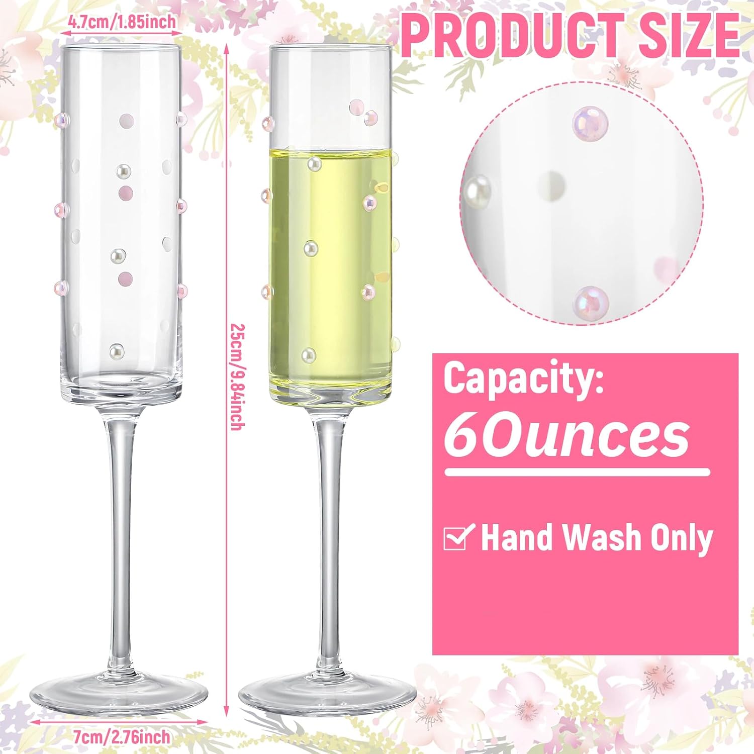Reallnaive 2 Pcs Wedding Pearl Champagne Flutes for Toasting, Pink White