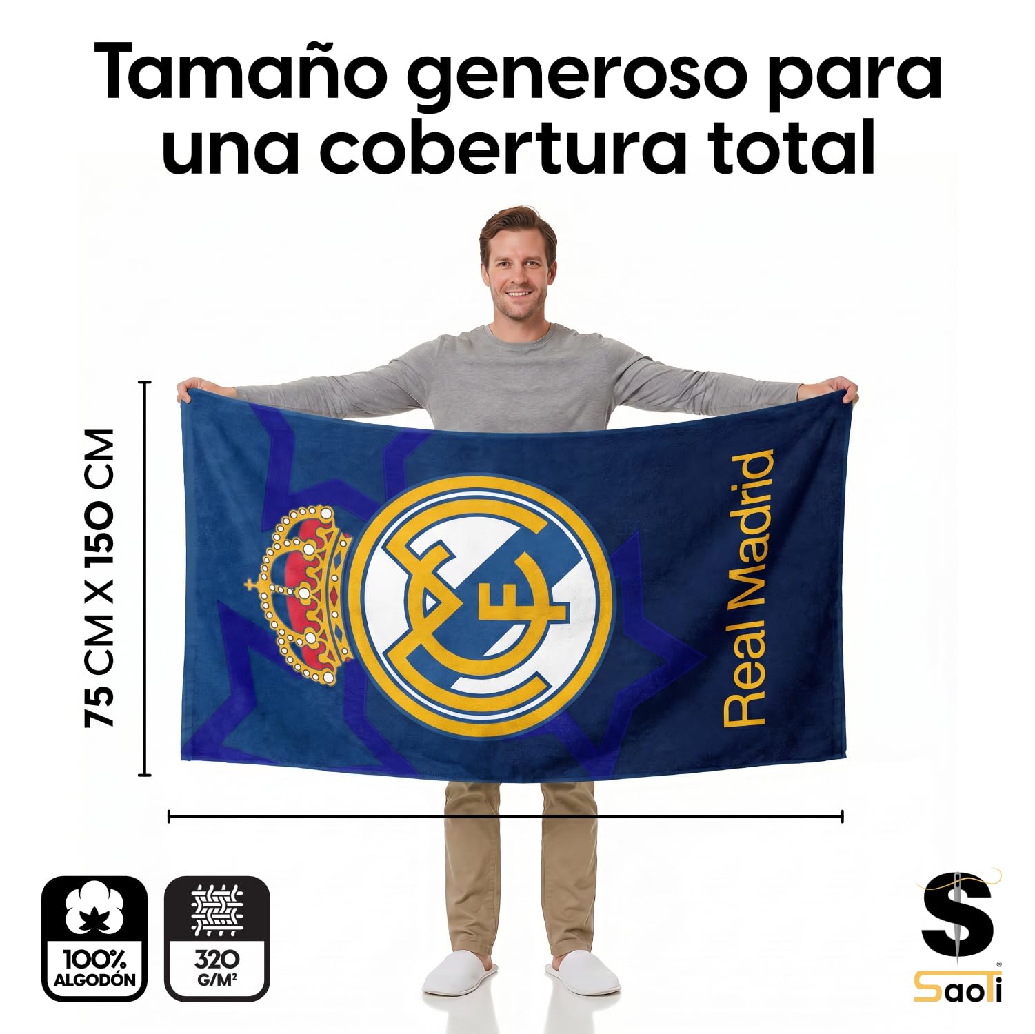 SaoTi Toalla Baño Grande Algodón 320g 75x150 cm - Toallas Ducha Ultra Absorbentes Gimnasio - Toallas Playa Fútbol Equipo Merengue Secado Rápido Adulto