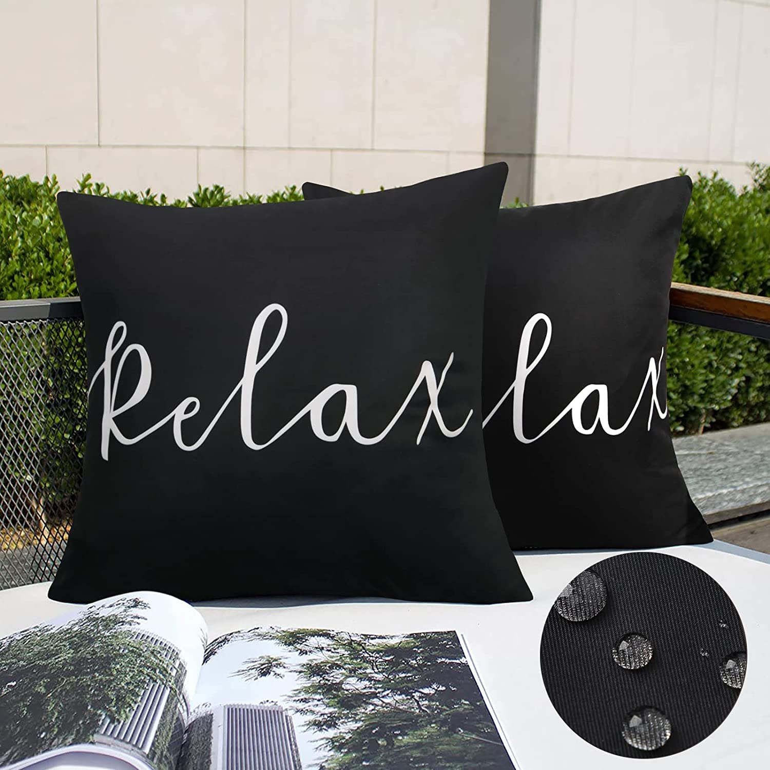 MerrycolorPack of 2 Black and White Outdoor Waterproof Pillow Covers Relax Decorative Outdoor Throw Pillow Covers Outdoor Pillows Covers for Patio Furniture Tent Balcony Couch Sofa （Relax 20x20 Inch