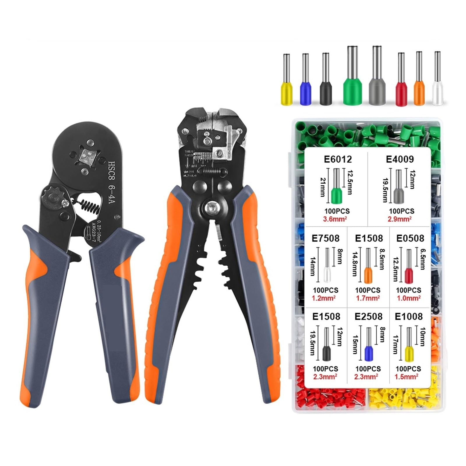 Terminales De Cable Aislados Herramienta Crimpadora Virola Trinquete HSC8 6-6A - 24-10AWG Pelacables, Kit Engaste Preciso(6-4A YQ 800PCS)