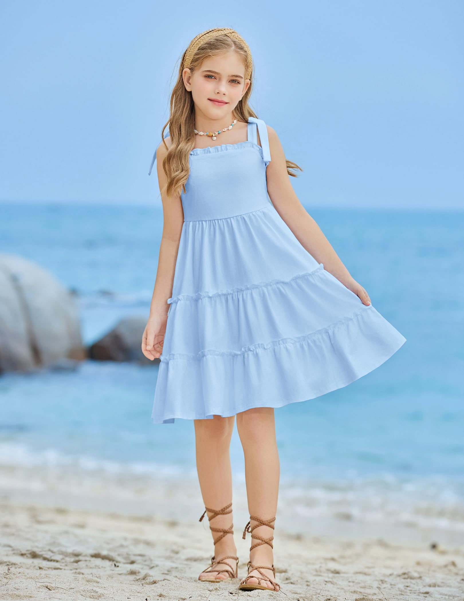 Arshiner Mädchen Kleider Fliege Trägerkleid Kinder Baumwolle Sommerkleid Ärmelloses A-Linie Swingkleid Schulterfrei Elegant Freizeitkleid für Mädchen 5-14 Jahre - 5