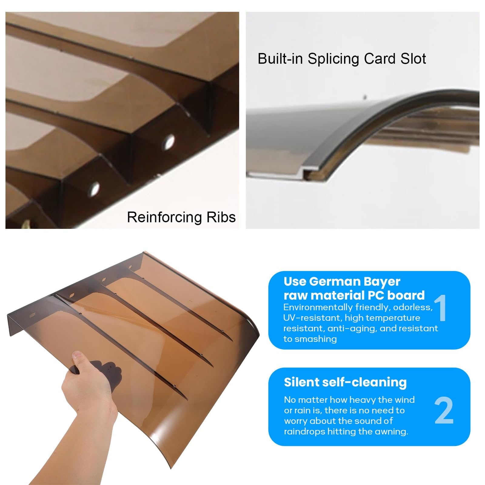 Marquesinas Exterior para Puertas y Ventanas,3,5 mm Marrón,Techado de Entrada,Marquesina en Arco de Escritorio y Lluvia,Casas, Patios Y Terrazas(W55*L260cm/W 21.6*L102.3in)