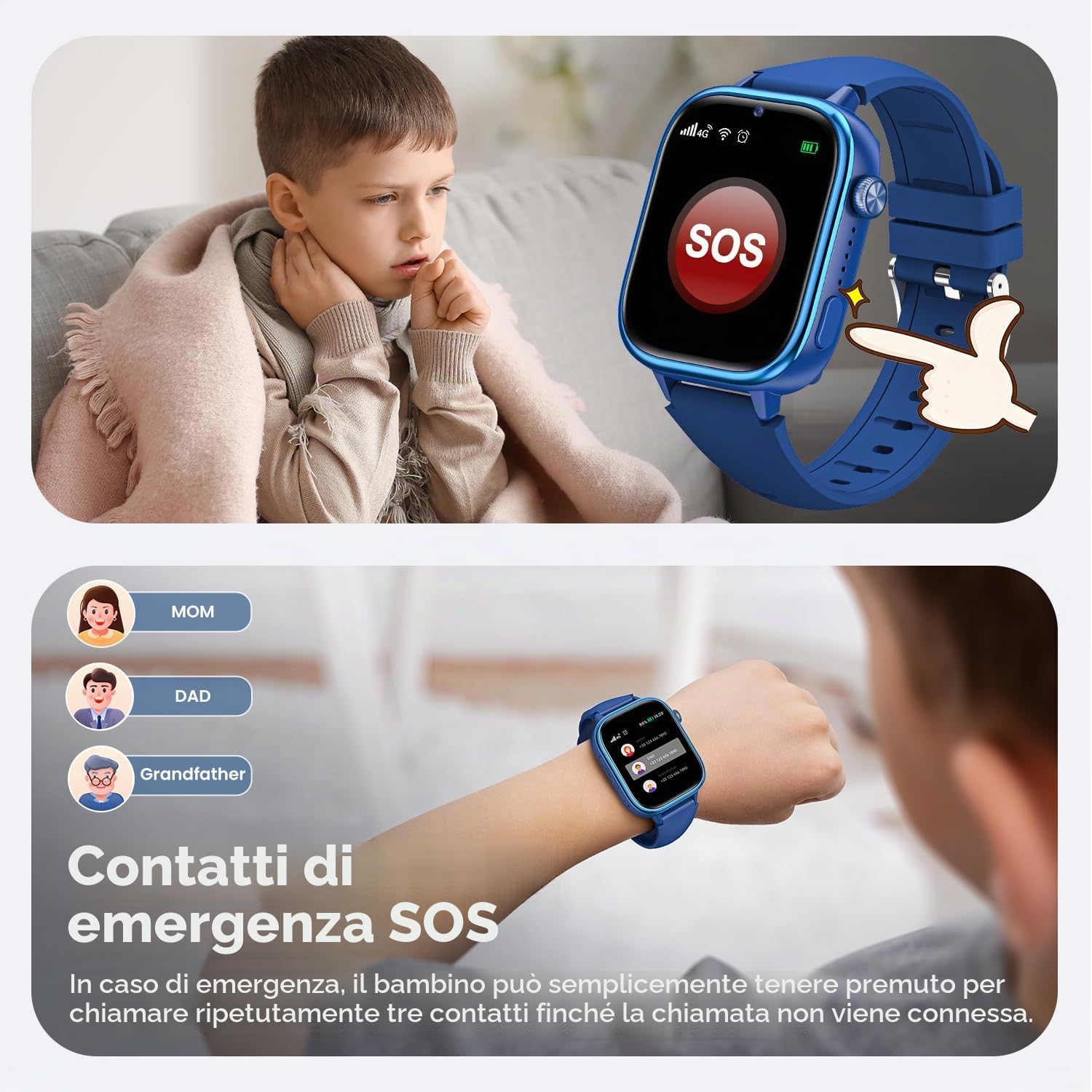 Nuovo 4G Smartwatch Bambini con Videochiamate & GPS, IP68 Impermeabile Smart Watch con SOS SMS Chat Vocale Modalità Scuola, Contapassi, Sveglia Monitoraggio del Sonno Regalo per Bambini e Bambine Blu