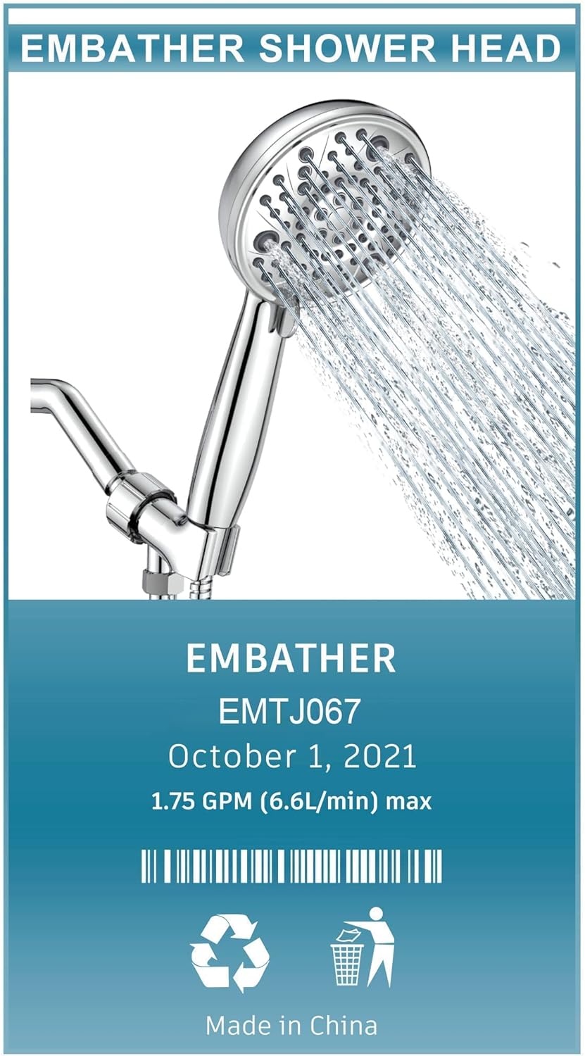 Handheld Shower Head with High Pressure 8 Sprays, EMBATHER 4.5 Inches Hand Held Showerhead Set with 71 Inches Shower Hose and Adjustable Shower Arm Bracket, Polished Chrome - - 