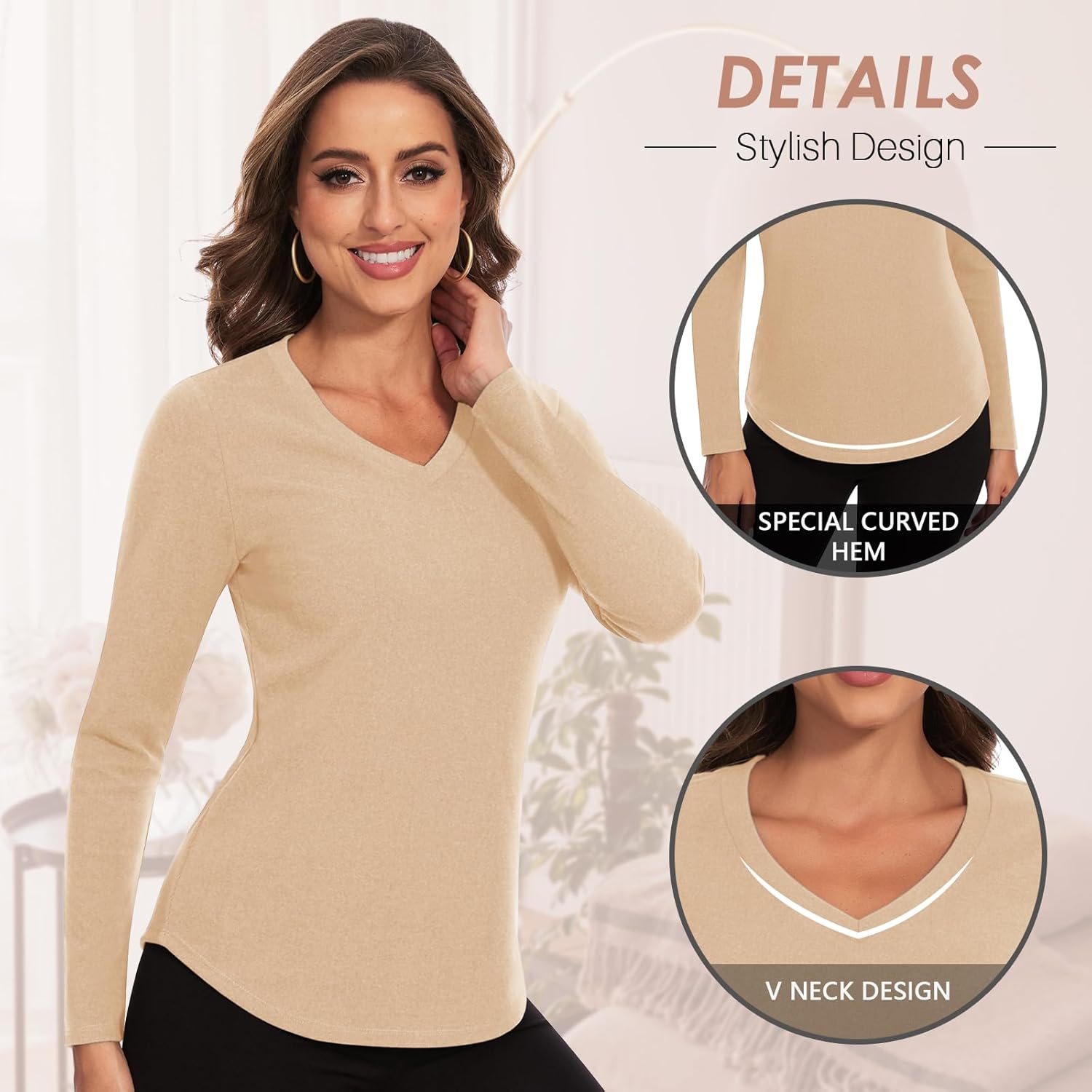 WOWENY Thermal Shirts for Women V Neck Fleece Lined Long Sleeve Base Layer Soft Warm Underwear Tops Cold Weather - Image 2