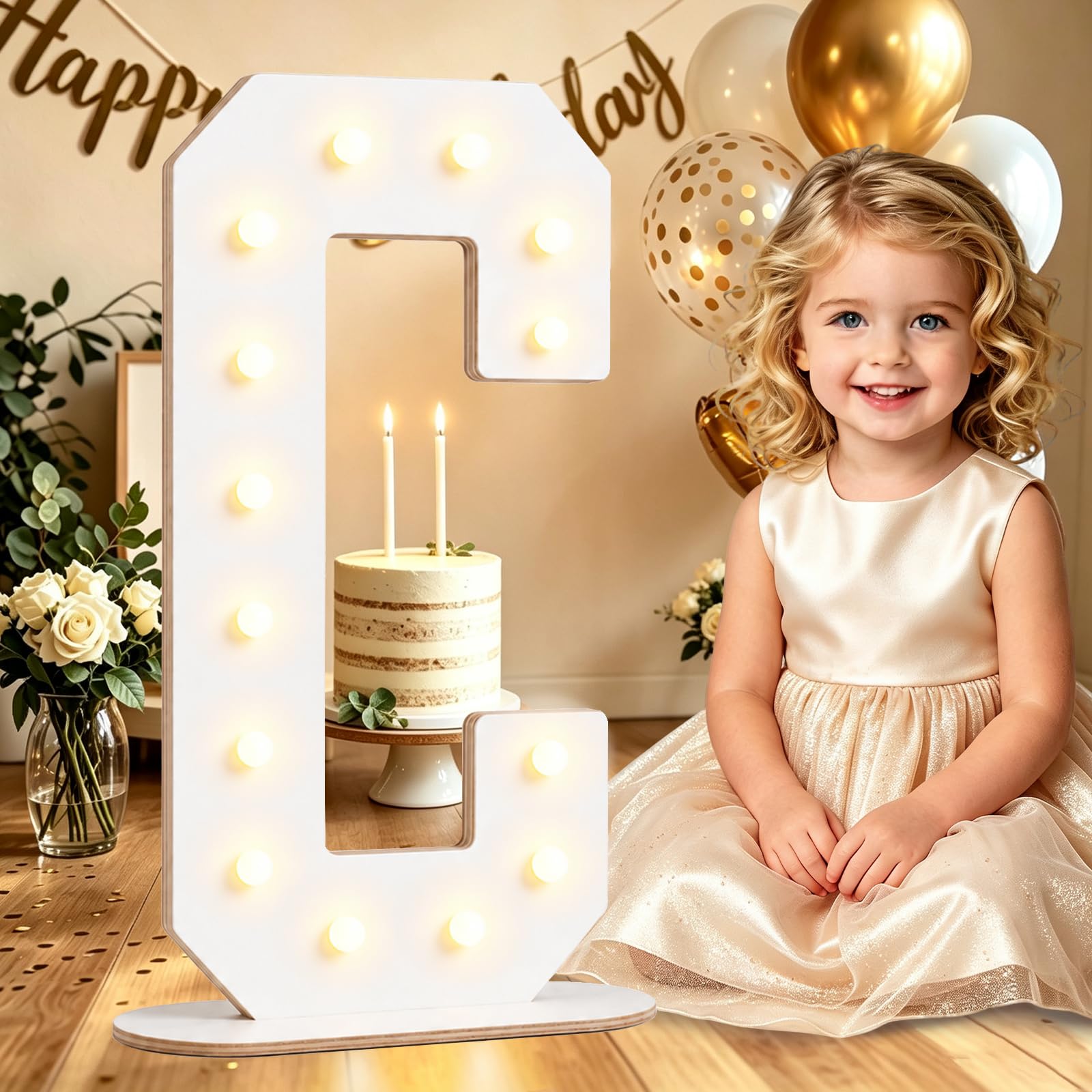 Large 44CM White Wooden Light Up Letters C for Birthday Party Decorations