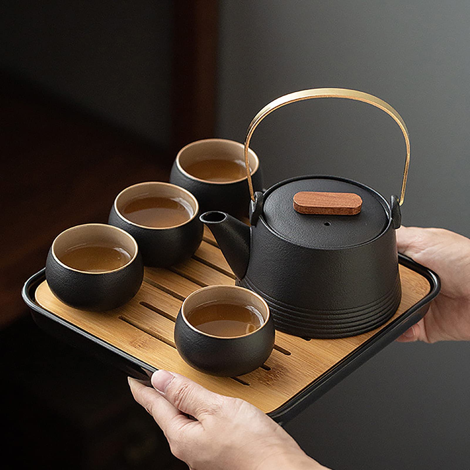 Kungfu zestaw do herbaty, 5 szt. czarny ceramiczny czajniczek w stylu japońskim do domu, biura, podróży, użytku na zewnątrz - porcelanowy tradycyjny dzbanek do herbaty dla miłośników herbaty