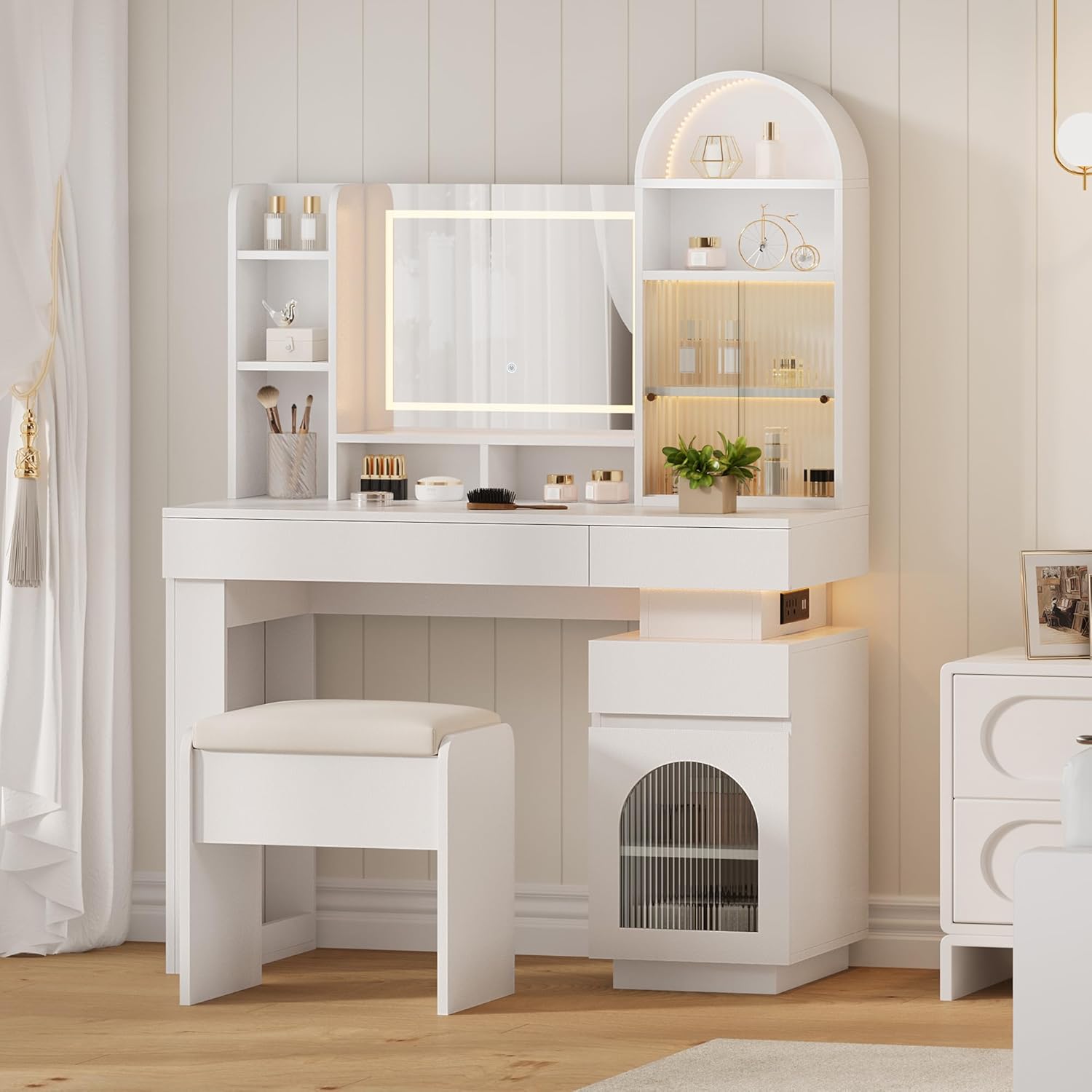 GarveeHome Arched Vanity Desk with Mirror and Lights, White Makeup Vanity Table with 3 Drawers and 11 Storage Shelves, Large Dressing Table with Outlet, Light Strip & Vanity Stool for Bedroom