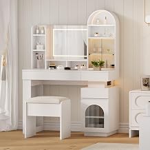 GarveeHome Arched Vanity Desk with Mirror and Lights, White Makeup Vanity Table with 3 Drawers and 11 Storage Shelves, Large Dressing Table with Outlet, Light Strip & Vanity Stool for Bedroom