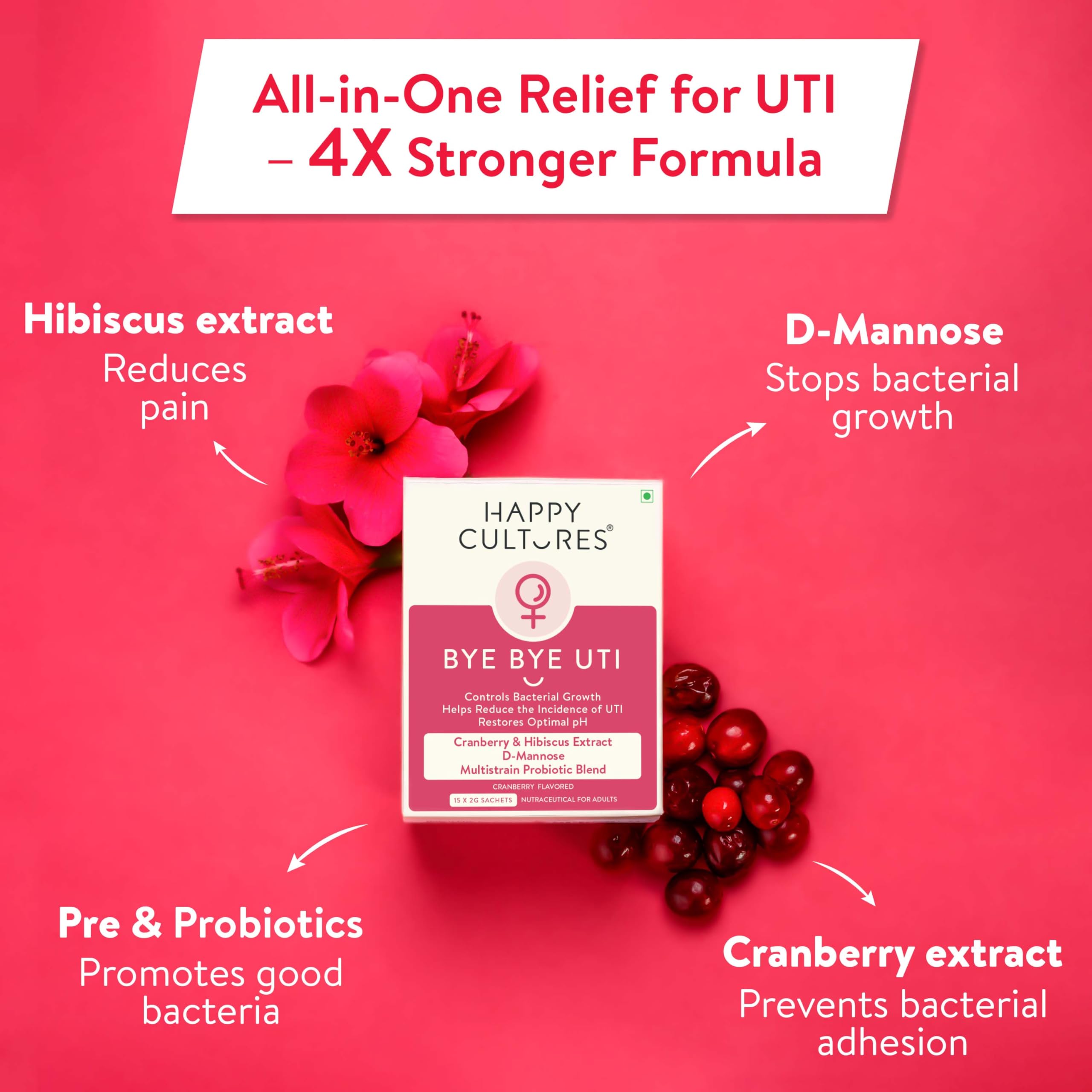 Happy Cultures Bye Bye UTI - Fights UTI | Balances pH | Cranberry Extract, D-Mannose & Probiotics, Fast-Acting Relief & Prevention form UTI | Flushes out toxins, Inhibits bacterial growth | Maintains urinary tract health | 45 days pack — Amazon image 4