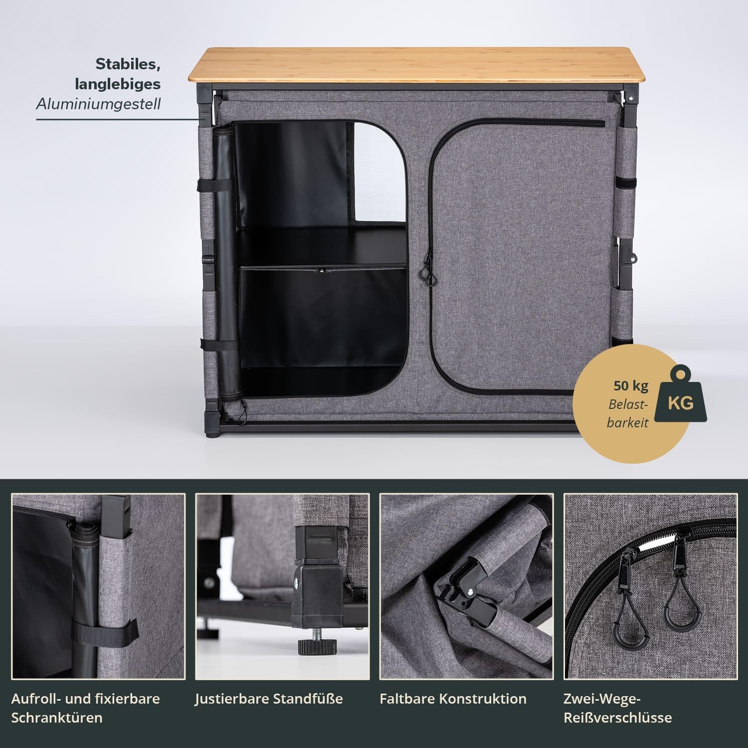 Skandika Campingschrank Triabo |Bambus Arbeitsplatte, Outdoor-Schrank faltbar, 4 Fächer mit festen Einlegeböden, unterteilbar, Tragetasche, Campingküche | Camping Zubehör, Outdoor Küche, Zelt