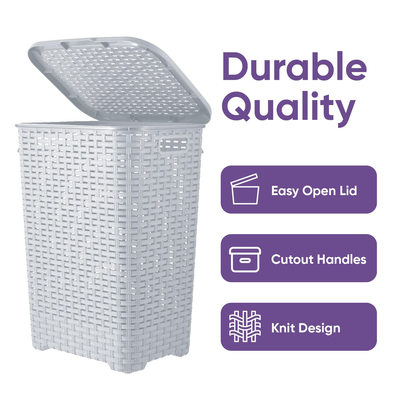 Superio Laundry Hamper with Lid 60 Liter Ivory (2 Pack) Plastic Wicker Large Hampers Basket with Cutout Handles, Deluxe Bin to Storage Dirty Cloths in Washroom Bathroom