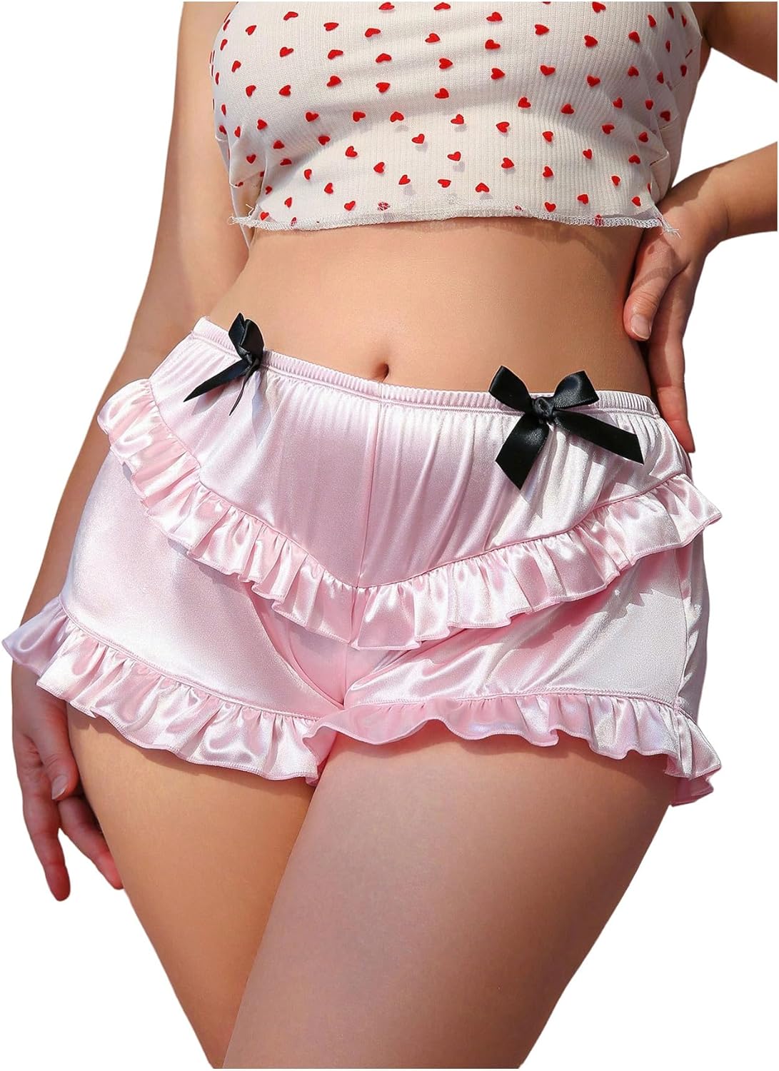 SHENHE Women's Plus Size Satin Boyshorts Underwear Mid Rise Ruffle Trim Bow Panty Shorts