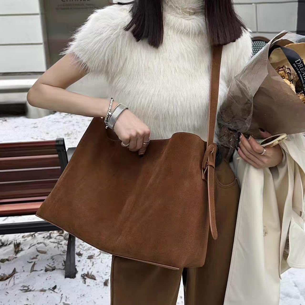 Large Capacity Genuine Suede Leather Tote Bag Weekender Travel Purse Slouchy Hobo Satchel for Work Everyday Gift