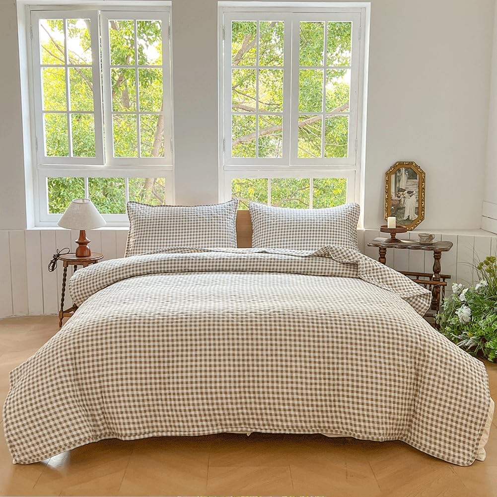 NSNLGSGC Tan Gingham Twin Quilt Set, Soft Pre-Washed Microfiber Taupe Plaid Twin Bedspread, Lightweight Checked Summer Quilt, Grid Bedding Coverlets for All Seasons (Includes 1 Quilt, 1 Pillow Sham)