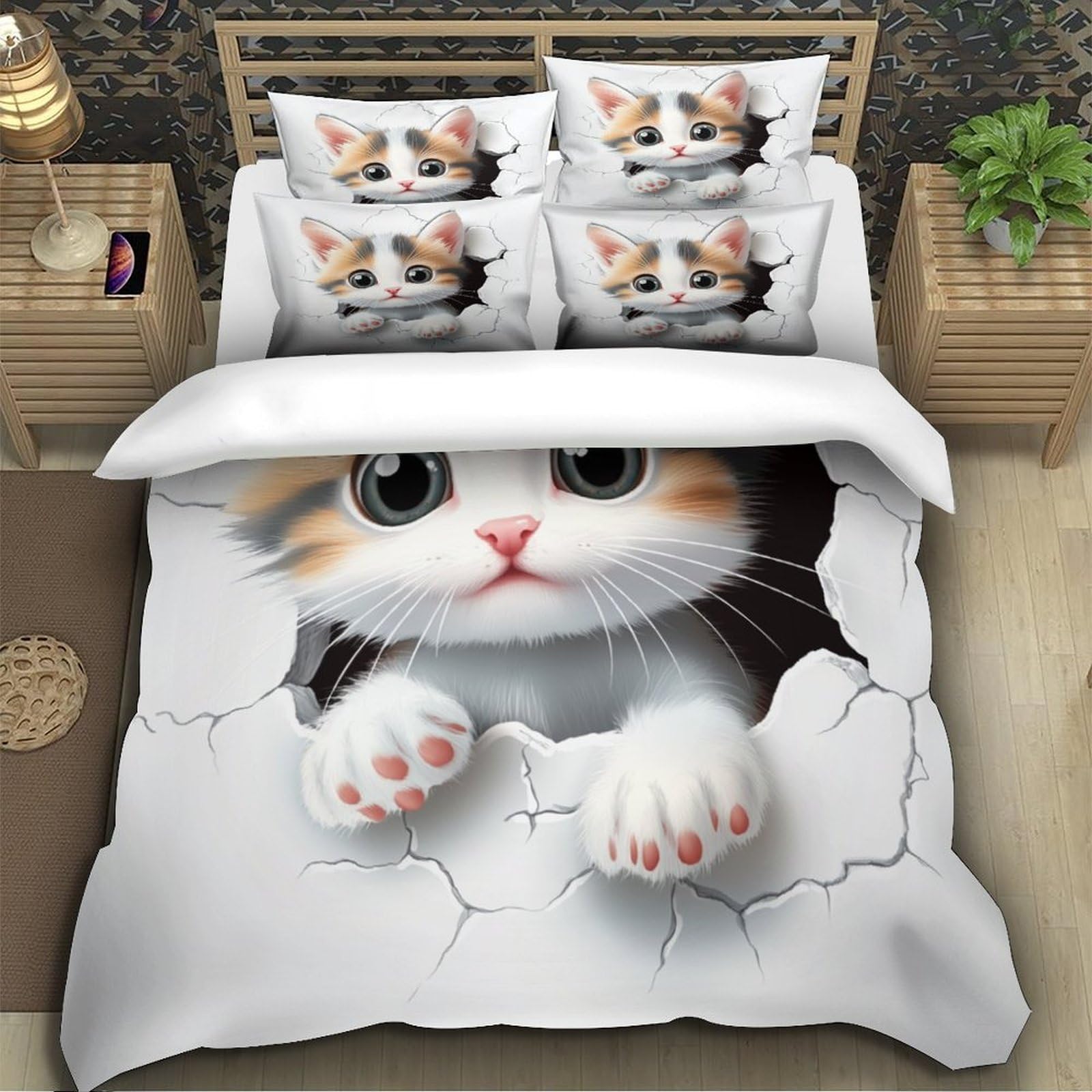Gattino carino che sbircia 3D Stampa Coperta Letto 3pz Microfibra Antimacchia Fumetto digitale Coperteletto 2 federe Resistente Sbiadimento Adulti Coppie Super king（260x220cm）
