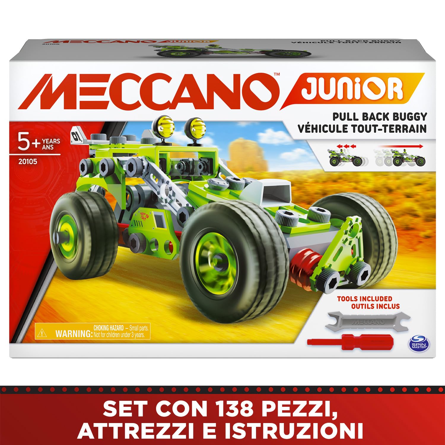 BANDAI - Meccano Junior La Mia Auto a Retro Frizione - Kit di Costruzione 138 pezzi, motore retro-frizione, attrezzi, istruzioni - Kit Attività assemblaggio auto - Giocattolo Bambini 8+ - APM19102
